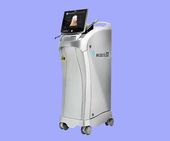 Dental laser treatment machine with touchscreen display on wheeled stand against blue background.
