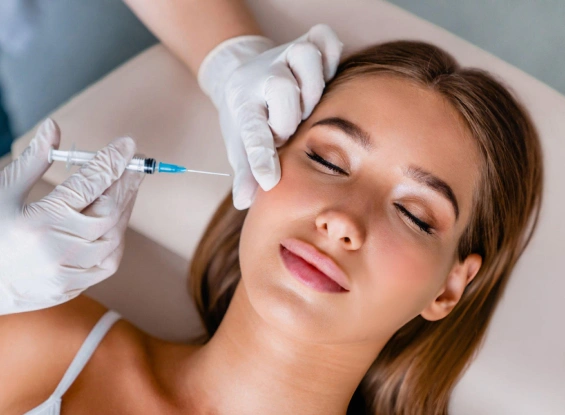 Woman receiving facial injection treatment from healthcare provider wearing gloves in clinical setting.